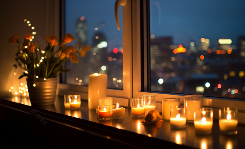 窗台上燃烧的蜡烛和鲜花浪漫夜景,高清,摄影图,摄影图片,图片大全,摄影图免费下载